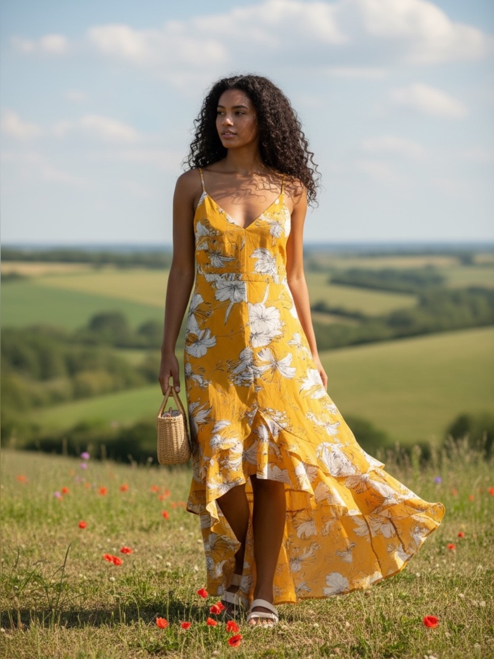 Lulu's Mustard Floral V-Neck High-Low Sundress